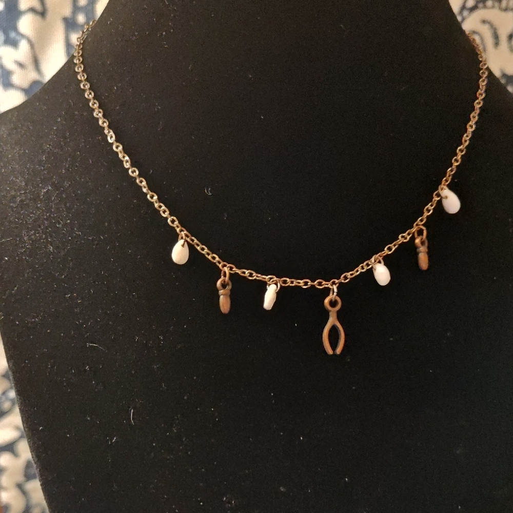 Delicate Charm Necklace with White Bead Drops